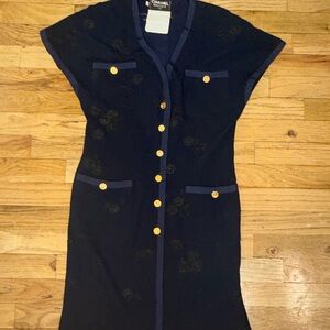 CHANEL 1980s Navy Knit Midi Dress with Gold Buttons